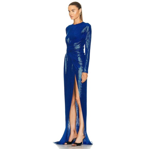 Balmain Womens Draped Laminated Jersey Long Dress in Bleu Electric 38 New Gown - Picture 3 of 16